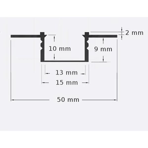 Led pvc profil 33x12 süllyesztett fekete 2m tejes fedlap