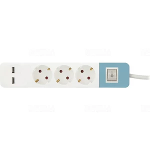 Hálózati elosztó 3db aljzat 1,5fm vezetékkel, kapcsolóval (H05VV-F 3x1,5 mm2) +2db USB port (2,1A 5V) kék-fehér