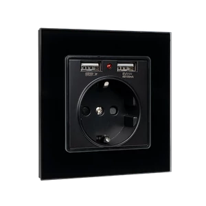 Német típusú konnektor 16A 2xUSB üvegkerettel, fekete