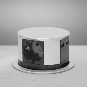 Hálózati elosztó rejtett, asztalba süllyeszthető, kerek hengeres 3db aljzat max. 3680W, 1,5fm 3G1,5mm2 vezetékkel +2db USB aljzat(2,4A 5V)