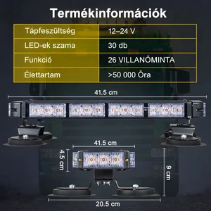 Fxlpower 41,5 cm narancssárga LED figyelmeztető villogó lámpa 20 mágneses talppal