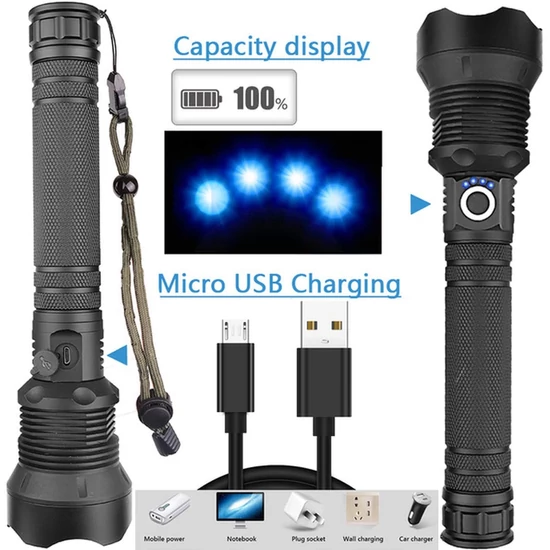 LED-es zseblámpa USB zoom XHP70 50000 lumen