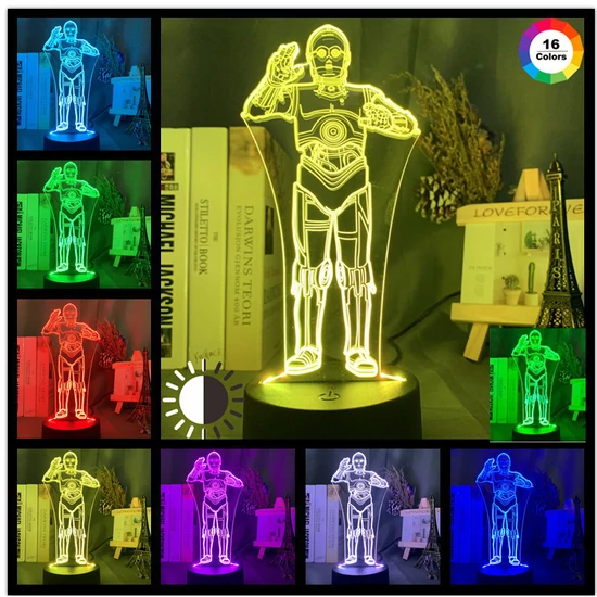 3D HATÁSÚ ÉJSZAKAI TÖBBSZÍNŰ LED LÁMPA STAR WARS CP3 ROBOT