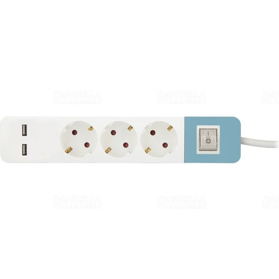 Hálózati elosztó 3db aljzat 1,5fm vezetékkel, kapcsolóval (H05VV-F 3x1,5 mm2) +2db USB port (2,1A 5V) kék-fehér