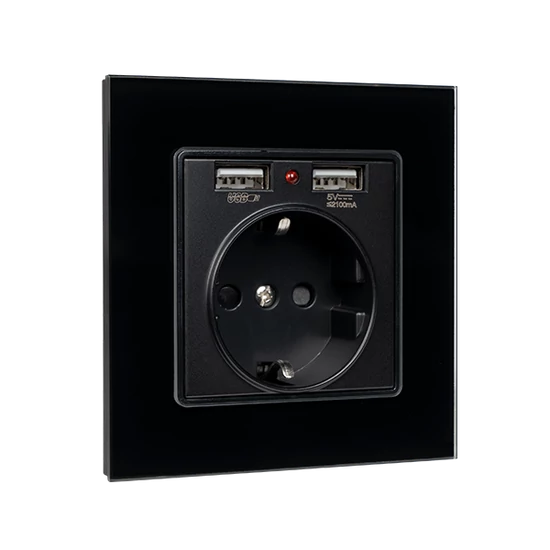 GERMAN TYPE SOCKET 16A 2XUSB GLASS FRAME BL+C. BOX