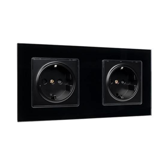 GERMAN DOUBLE SOCKET 16A GLASS FRAME BLACK+C. BOX