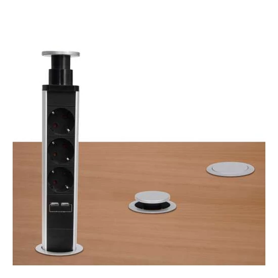 Home NVE 3/USB süllyesztett elosztó USB töltőaljzatokkal, 1,4 m, 3 földelt aljzat gyermekvédelemmel, asztalba, munkalapba építhető, süllyeszthető, max. 3680 W