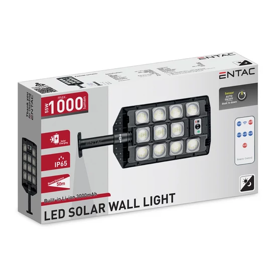 Entac LED Szolár Utcai Lámpa Távirányítóval, Mozgásérzékelővvel Autamata Dimm funkcióval, 1000lm