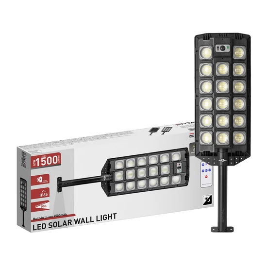 Entac LED Szolár Utcai Lámpa – 80 W, 1500 lm, távirányítóval, mozgásérzékelővel, automata Dimm funkcióval