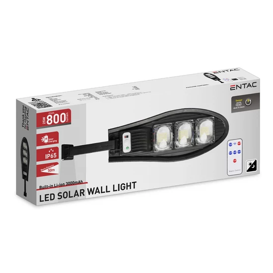 Entac LED Szolár Utcai Lámpa Távirányítóval, Mozgásérzékelővvel Autamata Dimm funkcióval, 800lm
