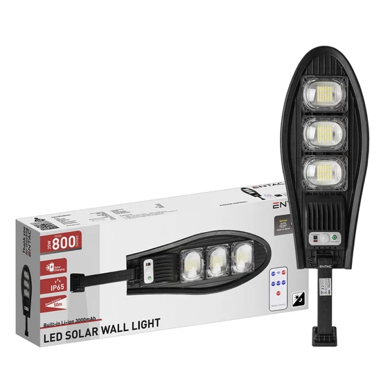 Entac LED Szolár Utcai Lámpa Távirányítóval, Mozgásérzékelővvel Autamata Dimm funkcióval, 800lm