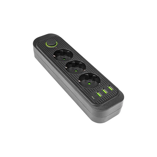 Modi hosszabbító kábel fekete 3x230V + 3x USB-A 1x USB-C