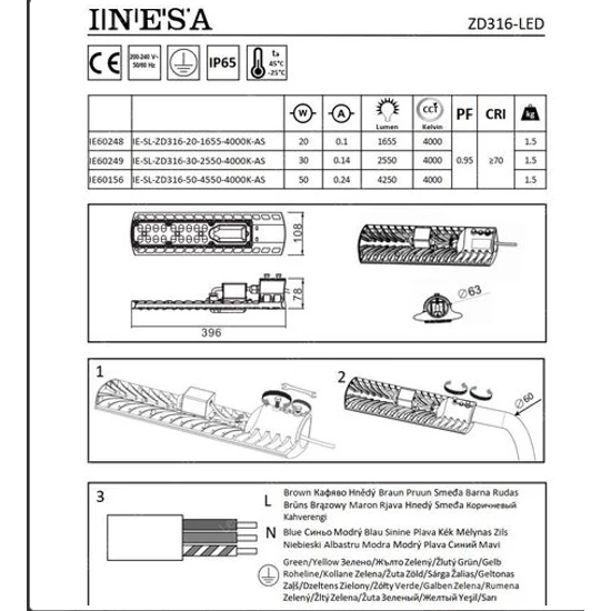 Led utcai lámpa inesa 20W 4000K