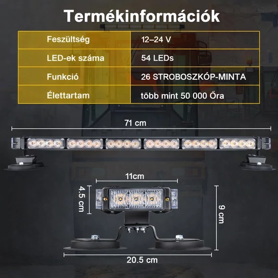 71 cm LED figyelmeztető lámpa – Forgó sárga LED villogó mágneses talppal