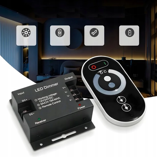 Érintőképernyős RF LED Dimmer Vezérlő Távirányítóval (12V-24V / 18A / 216W-432W)