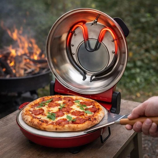 HOME HGPZ30 elektromos pizzasütő, 1200W, max. 430 °C, mechanikus hőmérő, pizzakő, duplafalú ablak, alsó/felső sütés HGPZ30