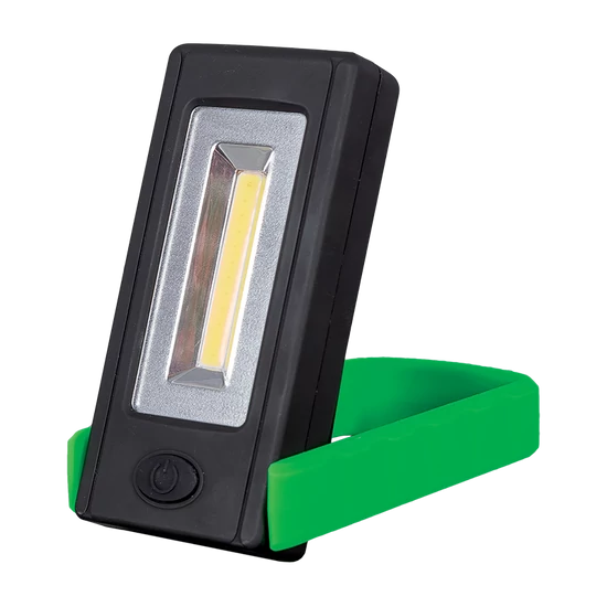 ELEMES LED KÉZI LÁMPA MÁGNESSEL ÉS RÖGZÍTŐ CLIPPEL ZÖLD 3W COB