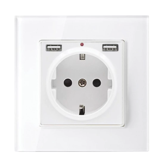 GERMAN TYPE SOCKET 16A 2XUSB GLASS FRAME WH+C. BOX