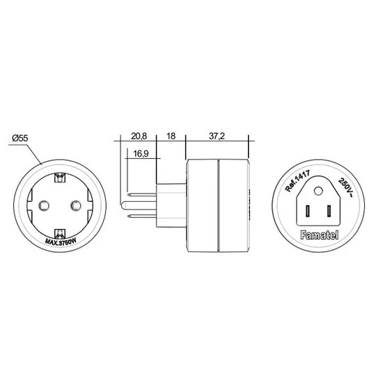 Háztartási csatlakozó adapter USA-EU 15A-250V