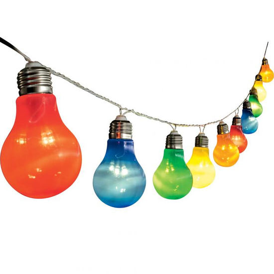 LED-es villanykörte fényfüzér, kültéri kivitel, 10 db színes, műanyag villanykörte, 30 LED, 25 cm villanykörte távolság