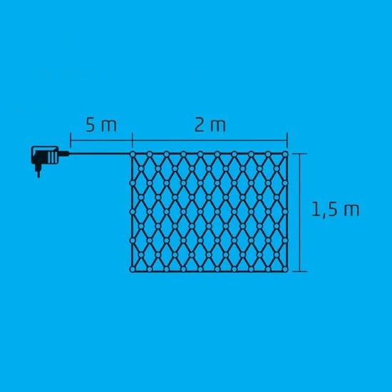 LED- es kültéri háló, 160 db hidegfehér LED, 2 x 1.5 m, zöld vezeték, 5 m tápvezeték KLN 160C/WH