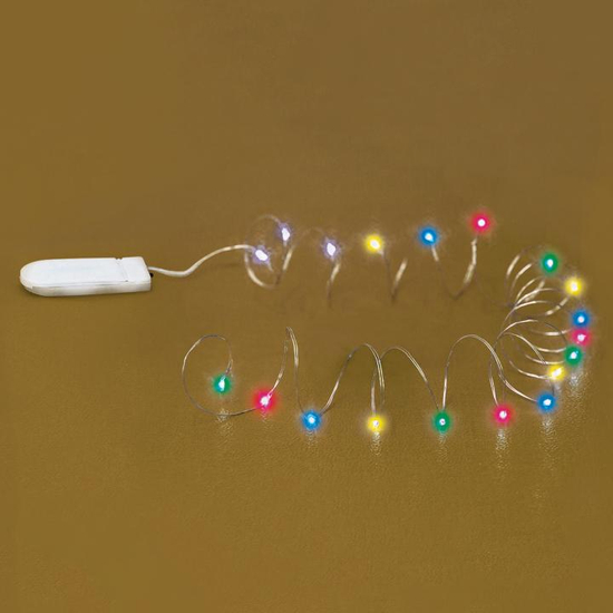Micro LED-es elemes füzér, lapos elemtartóval, színes