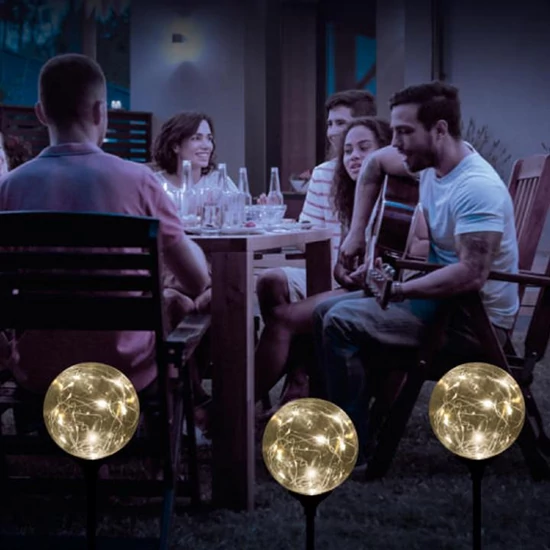 Napelemes üveggömb dekoráció meleg fehér micro LED füzérrel MX 624