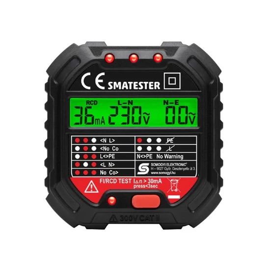 Home SMATESTER konnektor teszter, LED visszajelzők, Voltmérő, L-N, N-E, RCD mA, Fi és RCD relé ellenőrző, elem nélkül, max. 250 V~ aljzatokhoz SMATESTER