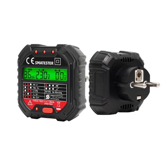 Home SMATESTER konnektor teszter, LED visszajelzők, Voltmérő, L-N, N-E, RCD mA, Fi és RCD relé ellenőrző, elem nélkül, max. 250 V~ aljzatokhoz SMATESTER