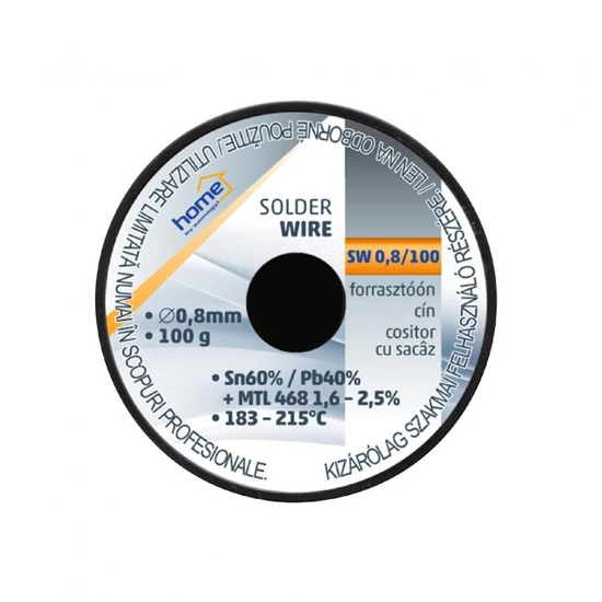 Home SW 0,8/100 forrasztóón, 0,8mm, 100g, európai gyártótól származó kiváló minőségű forrasztóón, összetétel: SN/PB: 60/40%, gyanta: 2,0% SW 0,8/100