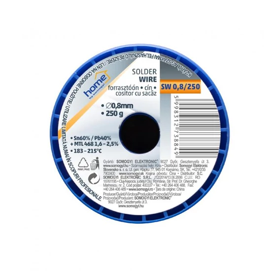 Home SW 0,8/250 forrasztóón, 0,8mm, 250g, európai gyártótól származó kiváló minőségű forrasztóón, összetétel: SN/PB: 60/40%, gyanta: 2,0% SW 0,8/250