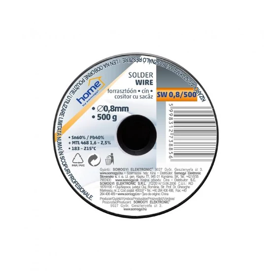 Home SW 0,8/500 forrasztóón, 0,8mm, 500g, európai gyártótól származó kiváló minőségű forrasztóón, összetétel: SN/PB: 60/40%, gyanta: 2,0% SW 0,8/500