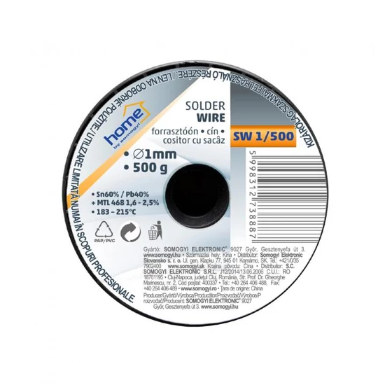 Home SW 1/500 forrasztóón, 1mm, 500g, európai gyártótól származó kiváló minőségű forrasztóón, összetétel: SN/PB: 60/40%, gyanta: 2,0% SW 1/500