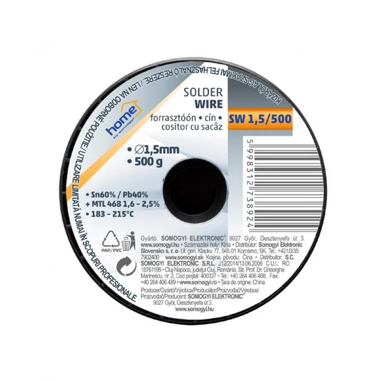Home SW 1,5/500 forrasztóón, 1,5mm, 500g, európai gyártótól származó kiváló minőségű forrasztóón, összetétel: SN/PB: 60/40%, gyanta: 2,0% SW 1,5/500