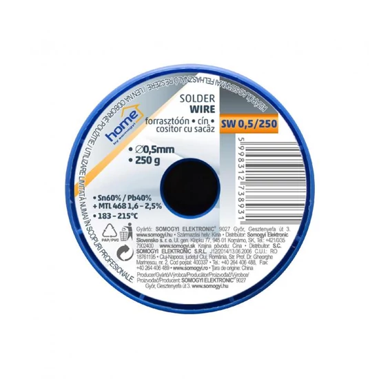 Home SW 0,5/250 forrasztóón, 0,5mm, 250g, európai gyártótól származó kiváló minőségű forrasztóón, összetétel: SN/PB: 60/40%, gyanta: 2,0% SW 0,5/250