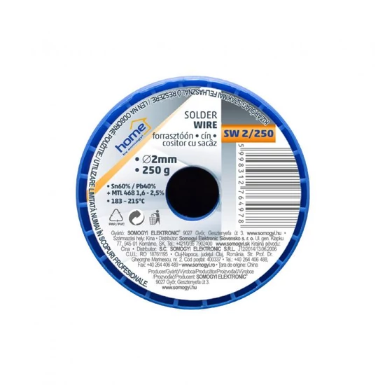 Home SW 2/250 forrasztóón, 2mm, 250g, európai gyártótól származó kiváló minőségű forrasztóón, összetétel: SN/PB: 60/40%, gyanta: 2,0% SW 2/250