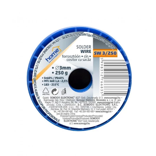 Home SW 3/250 forrasztóón, 3mm, 250g, európai gyártótól származó kiváló minőségű forrasztóón, összetétel: SN/PB: 60/40%, gyanta: 2,0% SW 3/250