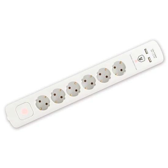 Túlfeszültség védett elosztó, 6 aljzat, USB