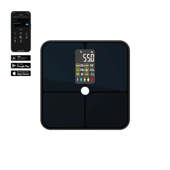 AENO ABS0002S BS2S testmérleg,  180 kg-ig terhelhető, SMART funkciók, profilok, BMI index elemzés, színes kijelző